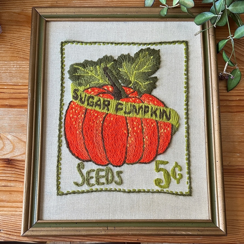 Vintage Crewel Needlepoint Pumpkin Artwork - Picture 1 of 3